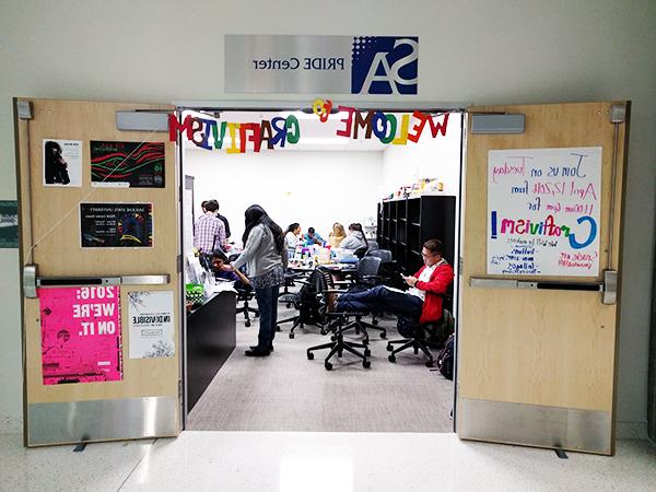 Entrance to the center, with sign that says Craftivism across the doorway.