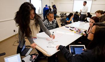 people work in classroom, putting ideas on whiteboard