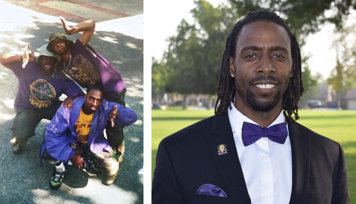 Carl Henderson in a suit next to a photo with his friends.